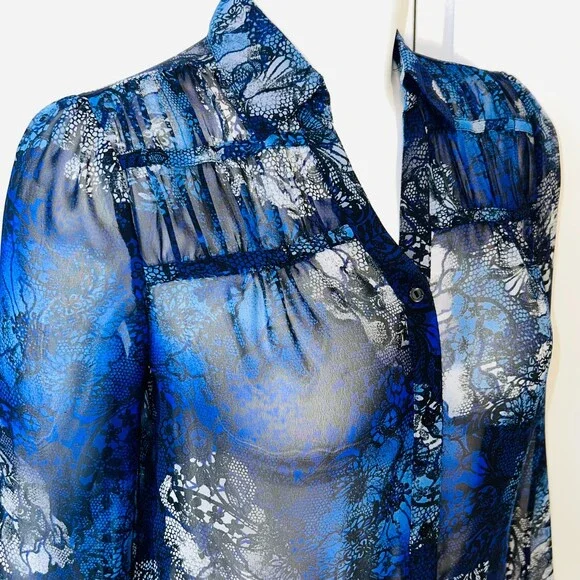 East 5th Blouse Button Up Womens L Semi Sheer Black Blue Abstract Long Sleeve - Picture 4 of 13